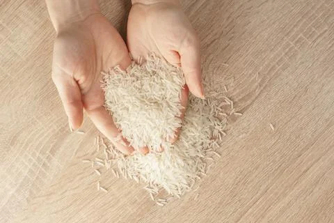 Raw rice in hands Stock Photos