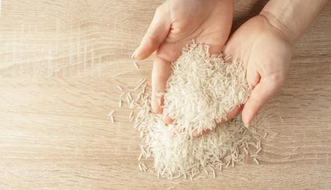 Raw rice in hands Stock Photos