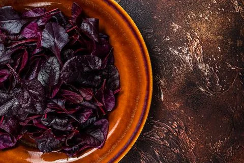 Raw Ruby or red chard salad Leafs on a rustic plate. Dark background. Top view Stock Photos
