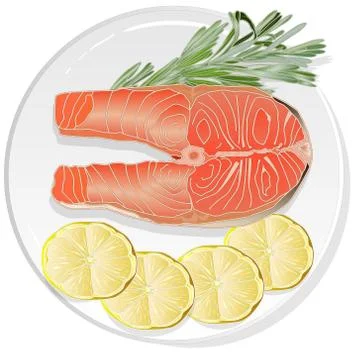 Raw salmon fillets with herbs on the plate. White background. Vector illustra Stock Illustration