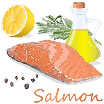 Raw salmon fillets with herbs on white background. Vector illustration Stock Illustration