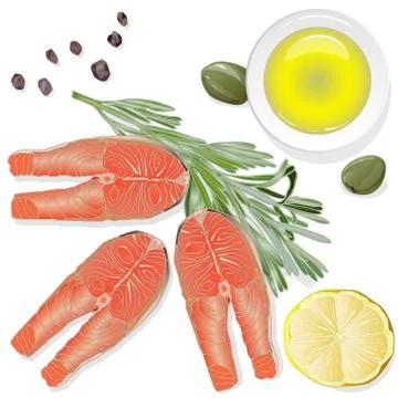 Raw salmon fillets with herbs on white background. Vector illustration Stock Illustration