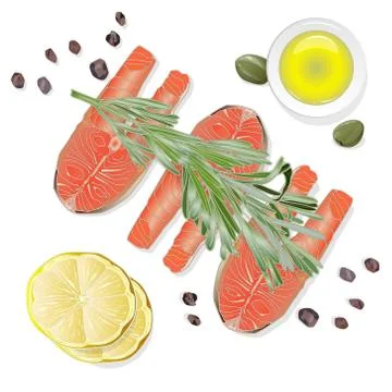 Raw salmon fillets with herbs on white background. Vector illustration Stock Illustration