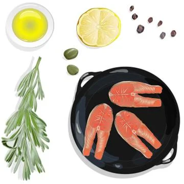 Raw salmon fillets on the pan with herbs. White background. Vector illustrati Stock Illustration