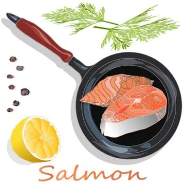 Raw salmon fillets on the pan with herbs. White background. Vector illustrati Stock Illustration