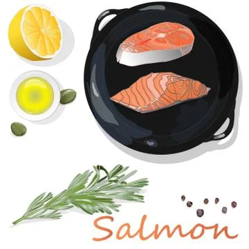 Raw salmon fillets on the pan with herbs. White background. Vector illustrati Stock Illustration