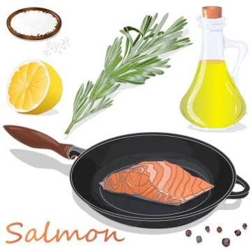 Raw salmon fillets on the pan with herbs. White background. Vector illustrati Stock Illustration