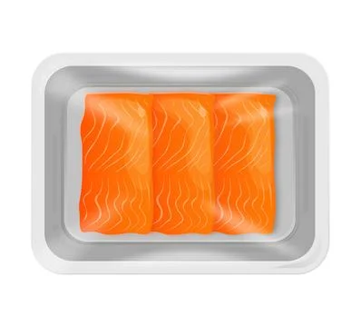 Raw salmon fillets in plastic packaging tray Stock Illustration