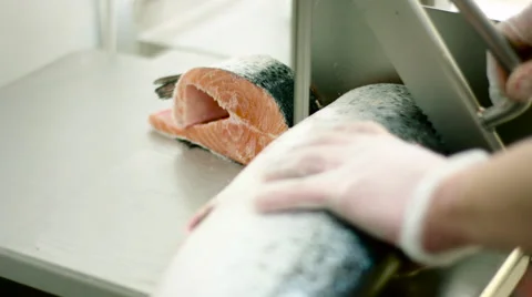 Raw salmon fish slicing Stock Footage 63839522