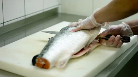 Raw salmon fish slicing Stock Footage 63839684