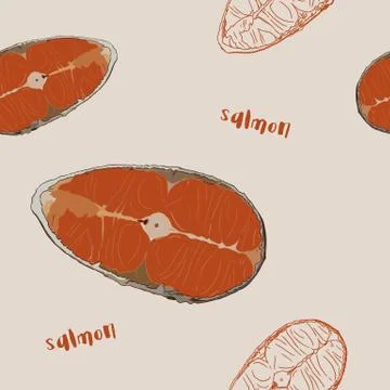 Raw salmon sliced , hand draw seamless pattern sketch vector. Stock Illustration
