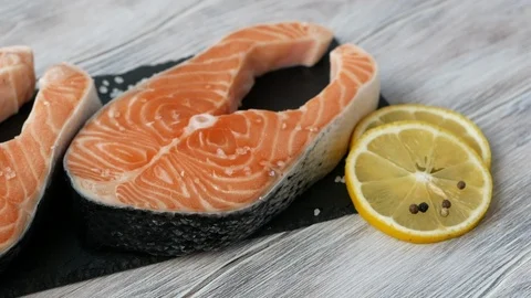 Raw salmon steak. Fresh fish Video stock 119901666