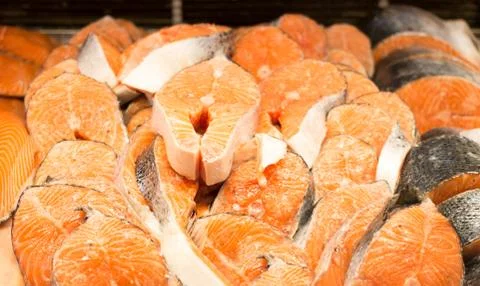 Raw salmon steaks Stock Photos