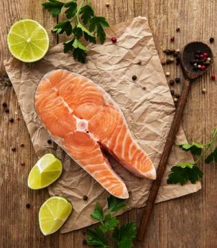 Raw salmon steaks Stock Photos