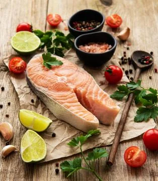 Raw salmon steaks Stock Photos