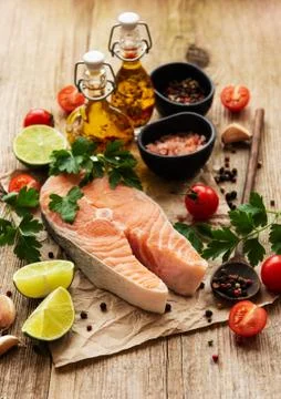 Raw salmon steaks Stock Photos