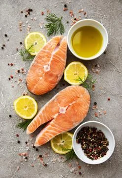 Raw salmon steaks Stock Photos