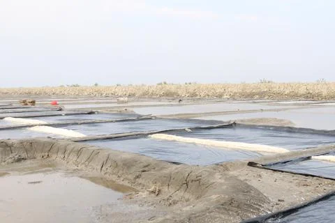 Raw salt farm plot with water and polythene bed Stock-Fotos