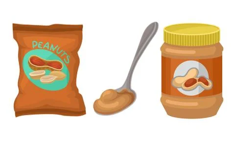 Raw Salted Peanut in Package and Sweet Peanut Butter Vector Set Stock Illustration
