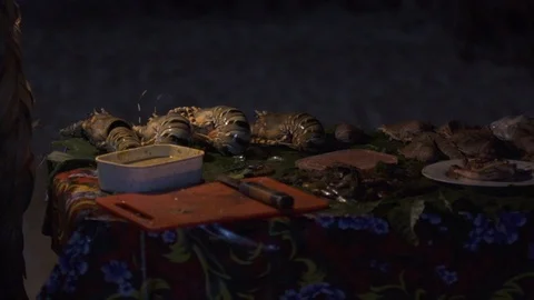 Raw seafood arranged on table at beach Stock Footage 85774712