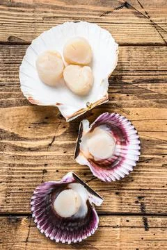 Raw seafood scallops meat on a shells. Wooden background. Top view Stock Photos