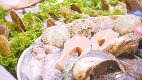 Raw seafood is sold in the store. Closeup. Stock Footage 86209217