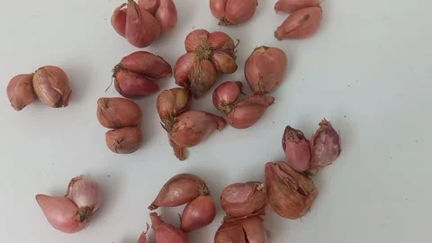 Raw Shallots Bulbs Pile Camera Tilt Down Close Up Stock Footage 342284691