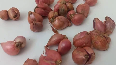 Raw Shallots Bulbs Pile Camera Push In Zoom Close Up Stock Footage 342284692