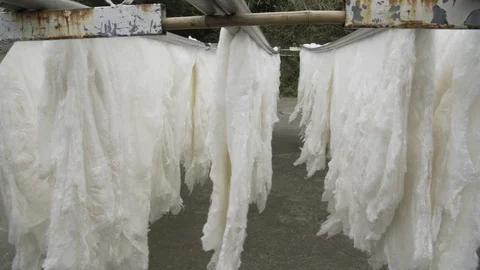 Raw Silk Threads Hanging On The Rail. Video stock 121565011