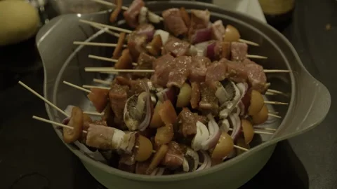 Raw Skewered Meat and Vegetables Arranged in Bowl, Sunshine Coast, Australia Stock Footage 341312544