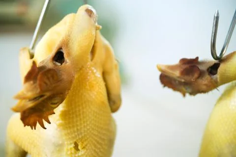 Raw skinned chickens hanging from hooks Stock Photos