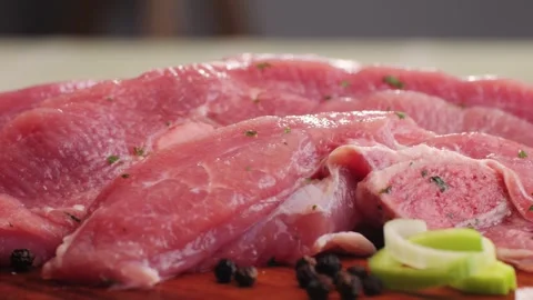 Raw slice beef meat in spices: paprika, salt, pepper, turmeric on plate close-up Stock Footage 265911003