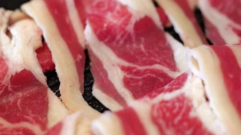 Raw Sliced Beef Prepared for Thai BBQ Hot Pot Stock Footage 344399479