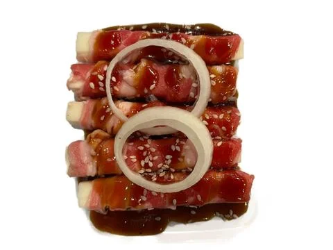 Raw sliced beef wrapped mozzarella cheese sticks Stock Photos
