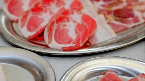 Raw Sliced Pork and Beef on Tray for Thai BBQ Stock Footage 344400247