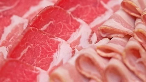 Raw Sliced Pork and Beef on Tray for Thai BBQ Stock Footage 344400409
