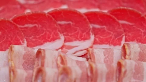 Raw Sliced Pork and Beef on Tray for Thai BBQ Stock Footage 344400452