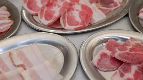 Raw Sliced Pork and Beef on Tray for Thai BBQ Stock Footage 344400462