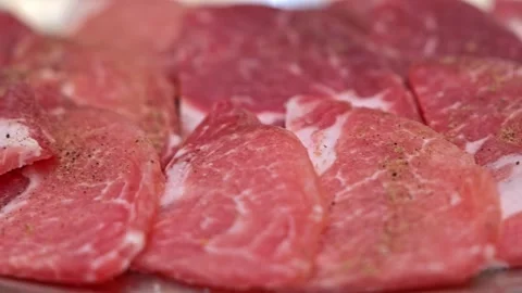 Raw Sliced Pork and Beef on Tray for Thai BBQ Stock Footage 344400484