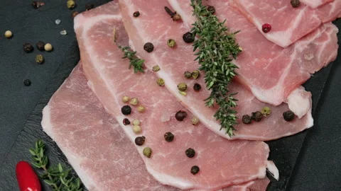 Raw sliced pork Stock Footage 148340681