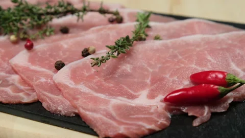 Raw sliced pork Stock Footage 148340731