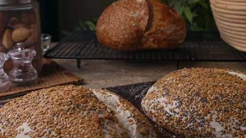 Raw Sourdough Bread with chia seed and flaxseed. Stock Footage 301181167