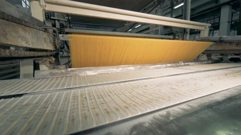 Raw spaghetti going through conveyor in a pasta factory. 4K. Stock Footage