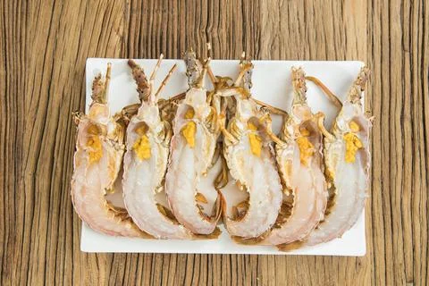 Raw Split Lobsters On White Tray 写真素材