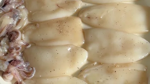 Raw squid fresh seafood marinated tasty snack fresh gourmet food Stock Footage 333647930