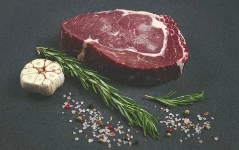 Raw steak, beef steak, rib eye steak, on the table, top view, no people, on a Stock Photos