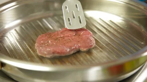 Raw Steak Grilled On Skillet Stock Footage 10911098