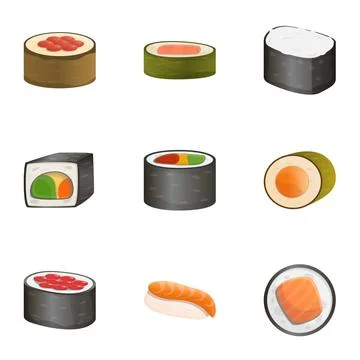 Raw sushi roll icon set, cartoon style Stock Illustration