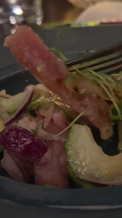 Raw tuna served in a black plate, prick with a fork with microgreens, avocado Stock Footage 293254265