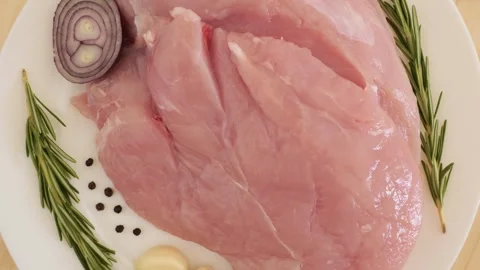 Raw turkey breast fillet rotating on a plate Stock Footage 337441482